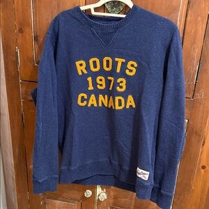 Roots Men's Blue Sweater with Yellow Lettering